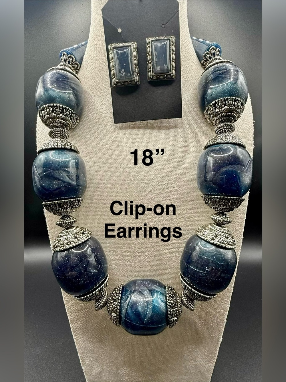 Blue Marbled Bead Statement Necklace with Clip-On Earrings - 18"